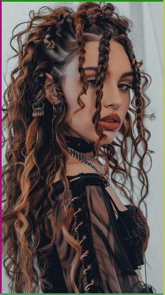 Long Curled Hair With Braid, Braided Hair Curls, Viking Curly Hairstyle, Fun Hairstyles For Straight Hair, Editorial Curly Hairstyles, Elf Hairstyles Curly Hair, Curly Elf Hair, Mermaid Goddess Braids, Hairstyles For Outdoors