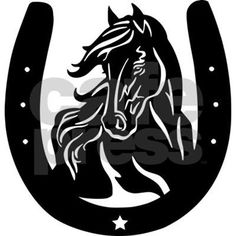 a black and white silhouette of a horse's head in a horseshoe with stars