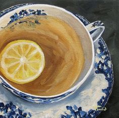 a painting of a tea cup with a lemon slice in it on a saucer