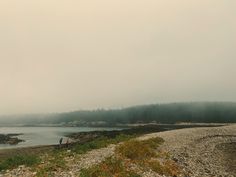 two people standing on the shore of a body of water