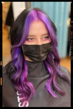 Hair Color Idea Purple Hair Front Strands, Black Hair With Purple Halo, Purple Hair Front Pieces, Brown Hair With Purple Peekaboos, Underdye Hair Purple, Purple Hair Dye Ideas For Brunettes, Black Wolf Cut Hair, Purple Hair Strands, Purple Hair Peekaboo