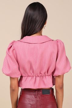 Playful and sophisticated, the Glamorous Instant Crush Pink Tweed Puff Sleeve Top will always get you compliments! Lightweight woven tweed shapes short puff sleeves (with elastic at the cuffs) that frame a cropped bodice with an oversized collar and a trio of cute ties at the front. Peplum-style hem (with elastic) completes the look. Fit: This garment fits true to size. Length: Size medium measures 16.5" from shoulder to hem. Bust: Great for any cup size. Waist: Loosely Fitted. Undergarments: Ma Bustier Top With Sleeves, Top With Collar, Pink Tweed, Oversized Collar, Peplum Styles, Bustier Top, Puff Sleeve Top, Cup Size, Puff Sleeves