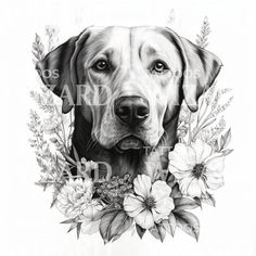 a black and white drawing of a dog surrounded by flowers