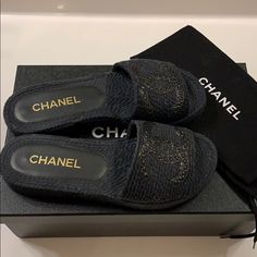 Chanel Leather Slides, Shoes Chanel, Chanel Black, Leather Logo, Cc Logo, Chanel Shoes, Logo Color, Original Box, Dust Bag