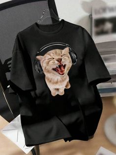 Black Casual Collar Short Sleeve Polyester Animal  Embellished Slight Stretch  Teen Girls Clothing Casual Summer Tops, Elegant Dresses Long, Teenage Girls, Teen Girls, Cat Print, Summer Top, Black Casual, Girls Clothing