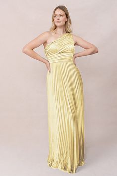 Model: Sydney; Size: 10; Color: Yellow Satin Pleated Dress, Pleated Satin Dress, Empire Waistline, Flowing Skirt, Bra Cups, Dress Backs, Pleated Dress, Mother Of The Bride, Dress Making