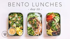 three bento lunches in tins with different types of vegetables and sauces