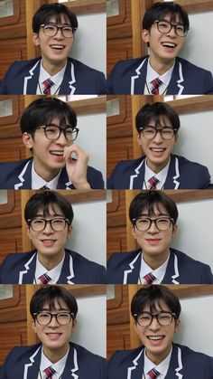 multiple pictures of a young man wearing glasses and a suit with different angles to his face