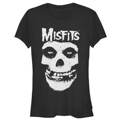 Celebrate the legendary horror-punk band and pop culture icons, The Original Misfits with officially licensed apparel featuring the classic "Fiend Skull" and more! This Juniors' Misfits Classic Fiend Skull Logo Graphic T-Shirt features a large black and white graphic of the Misfits Fiend Skull mascot and logo across the front. Rock out to the genre-defining Misfits in ultimate style with these fun new tees for everyone! Halloween Band Logo T-shirt For Fans, Halloween Pop Culture Band Logo T-shirt, Halloween Band Logo T-shirt Crew Neck, Halloween Crew Neck Tops With Band Logo, Pop Culture Halloween Concert Top, Halloween Band Merch Top With Band Logo, Halloween Band Merch Tops With Band Logo, Halloween Band Logo T-shirt, Band Logo Merch Tops For Halloween