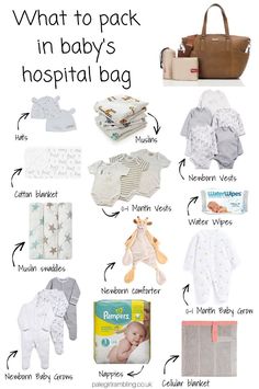 what to pack in baby's hospital bag with pictures and instructions on the side