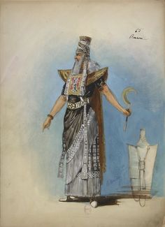 a drawing of an egyptian man holding a staff and standing next to a vase with a crescent on it