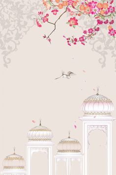 Experience the charm of 'Palace Serenity - Hand-Painted Elegance.' This design features a white background adorned with intricate palace architecture and blooming flowers, capturing the essence of a delicate hand-painted style. An elegant bird soars in the sky, adding a touch of grace. The overall color scheme is soft pink, with clear patterns and textures, this artwork is perfect for decorating wallpapers or mobile phone screens, blending cultural beauty with modern aesthetics. Wedding Graphics, Modern Luxury Bedroom, Text Background, Luxury Bedroom