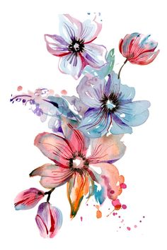 watercolor painting of pink and blue flowers