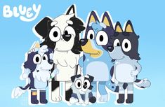 an animated group of dogs standing next to each other on a blue background with the words,