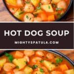 hot dog soup with potatoes and carrots in a black bowl on a wooden table