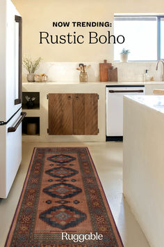 a rug in the middle of a kitchen with an area rug on the floor that says now trending rustic boho