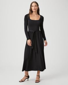 Crafted from a supremely soft and comfortable sleek jersey fabrication in black, this long sleeve midi dress is designed with a square neck, a-line silhouette and a tie that cinches in at the waist. We’ll be wearing the Nieve Dress with everything from tall boots to ballet flats. | Nieve Dress - Black | Size XXS High Neck Long Sleeve Top, Men Store, High Neck Top, Denim Shoes, Long Sleeve Midi, Long Sleeve Midi Dress, Black Long Sleeve, Square Neck, Ribbed Knit