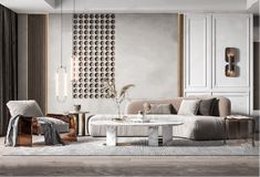 an elegant living room with modern furniture and decor