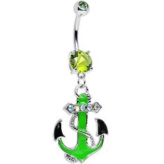 an anchor belly ring with green glass and crystal stones on the bottom, hanging from a chain