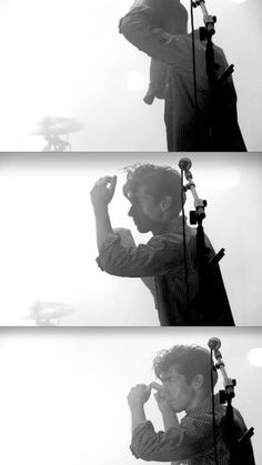 three different shots of a man singing into a microphone and holding his hand up to his ear