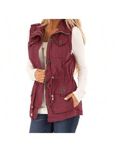 PiePieBuy Wome's Casual Military Utility Vest Lightweight Sleeveless Drawstring Jackets With Pockets Burgundy Casual    Plain Tank   Women Clothing, size features are:Bust: ,Length: ,Sleeve Length: Casual Tank Top With Pockets For Fall, Trendy Sleeveless Vest With Pockets, Sleeveless Tops With Pockets For Fall, Trendy Sleeveless Outerwear With Pockets, Solid Sleeveless Vest For Fall, Casual Denim Shorts, Drawstring Jacket, Utility Vest, Tank Top Cami