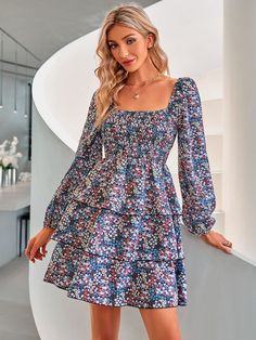 Floral Square Neck Smocked Layered Dress Bohemian Party, Layered Dress, Floral Squares, Square Neck Dress, Long Sleeve Print Dress, Ruffle Hem Dress, Long Sleeve Floral Dress, Puffy Sleeves, Floral Style