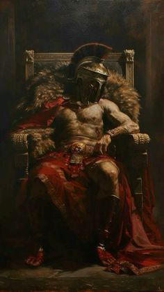 a painting of a man in armor sitting on a throne