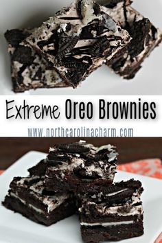 chocolate oreo brownies are stacked on top of each other with the words extreme oreo brownies above them