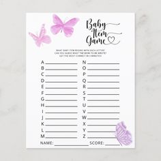 a baby shower game with pink butterflies on the top and purple letters in black ink