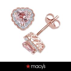 in stock Rose Gold Heart Cut Earrings With Diamond Accents, Macy's Jewelry With Halo Design For Gifts, Rose Gold Heart Earrings For Valentine's Day Formal, Macy's Pink Jewelry For Anniversary, Rose Gold Morganite, Heart Stud Earrings, Heart Studs, Heart Earrings Studs, Morganite