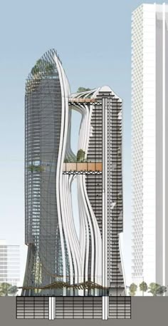 an architectural rendering of a tall building in the middle of a body of water next to two skyscrapers