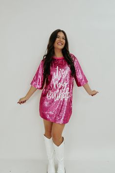 Dress features a scoop neckline, short sleeves, front sequins with a "It's My Birthday" design, t-shirt back, lined, and a loose fit. 100% Polyester Hand wash cold. Do not bleach. Hang dry. No iron. Kaitlyn is 4’11” wearing a ONE SIZE Sequin Dress With Cowboy Boots, Birthday Sequin Dress, Dress With Cowboy Boots, Dresses With Cowboy Boots, It's My Birthday, Rose Boutique, Birthday Design, Design T Shirt, Its My Birthday