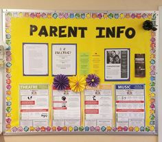 a bulletin board with different types of paper flowers and music related items on the front