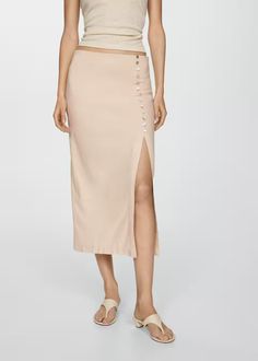 Linen skirt with slit - Women | Mango USA Linen Pencil Skirt, Beige Pencil Skirt, Skirt With Buttons, Mango Outlet, Linen Skirt, Andalusia, Button Detail, Skirt Length, Dream Closet