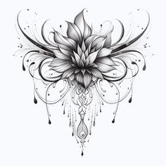 a black and white drawing of a flower with swirls on the petals, surrounded by drops