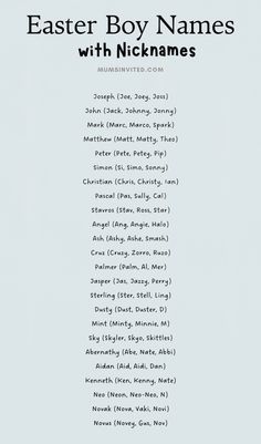 the easter boy names with nicknames in white and black text on a light blue background