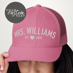 The Custom Embroidered Mrs Bride Hat is a perfect wedding gift for a bachelorette party, featuring a personalized trucker snapback hat with the bride's last name. This unique engagement gift is ideal for the bridal party. 📏S I Z I N G:  _One size  _Adjustable Snap Closure 🧶M A T E R I A L: _60% Cotton Twill / 40% Polyester _Plastic Snap Closure _Curved Visor _Structured (crown of the hat maintains shape when taken off) 🫰C A R E: _Machine wash: cold (no bleach) _Do not tumble dry.  _Do not iro Gift For Bachelorette, Unique Engagement Gifts, Hat Wedding, Bride Hat, Birthday Gifts For Husband, Perfect Wedding Gift, Bachelorette Gifts, Groomsman Gifts, Snapback Hat