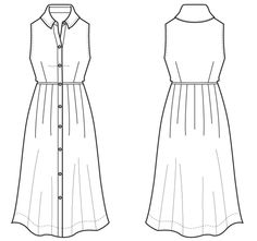 the front and back views of a women's dress, with buttons on each side