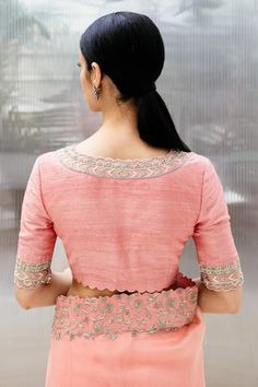 Buy Peach Raw Silk V Neck Meena Zardozi Embroidered Blouse For Women by Mrunalini Rao Online at Aza Fashions. Zardozi Embroidery, Blouse Back Neck Designs