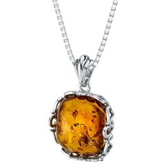 This Baltic Amber Pendant Necklace in Sterling Silver is a timeless necessity to any jewelry box. With a natural Baltic amber stone in its rich cognac color, it measures 3/4 x 3/4 inches and is accented in a custom designed scroll gallery made from precious Sterling Silver. Pendant measures 3/4 x 3/4 inch. Size: one size.  Color: Orange.  Gender: female.  Age Group: adult. Baltic Amber Necklace, Amber Gemstone, Cognac Color, Round Stud Earrings, Jewelry For Her, Opal Necklace, Baltic Amber, Jewelry Gift Box, Cushion Cut