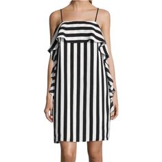 Beautiful Sexy Nicole Miller Vertical Stripe Ruffle Dress Nwt Flowing And Fully Lined. Adjustable Straps. Great For Any Occasion. Striped Ruffled Mini Dress For Vacation, Striped Spaghetti Strap Party Dress, Elegant Striped Mini Dress For Summer, Chic Ruffle Dress With Spaghetti Straps For Date Night, Chic Spaghetti Strap Ruffle Dress For Date Night, Chic Striped Mini Dress With Ruffles, Black Mini Dress With Ruffled Straps For Summer, Summer Striped Mini Dress With Spaghetti Straps, Black Summer Dress With Ruffled Straps