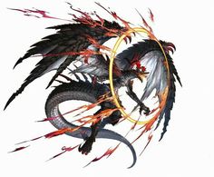 a black dragon with red and yellow flames on its wings