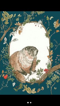 an animal is sitting in the middle of a forest with leaves and flowers on it