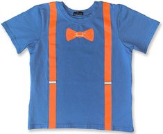 a blue t - shirt with an orange bow tie and suspenders on the chest