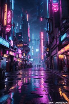 a city street at night with neon lights