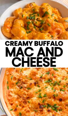 creamy buffalo mac and cheese in a white bowl with text overlay that reads creamy buffalo mac and cheese