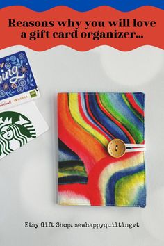 a starbucks card holder with a starbucks logo on it and the words, reason why you will love a gift card organizer