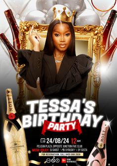 an advertisement for a birthday party featuring a woman in a black dress and champagne bottles