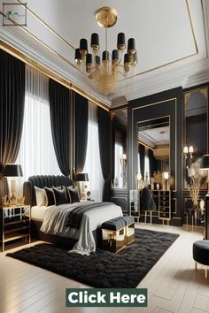 a bedroom decorated in black and gold colors