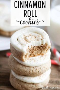 cinnamon roll cookies stacked on top of each other with the words, how to make cinnamon roll cookies